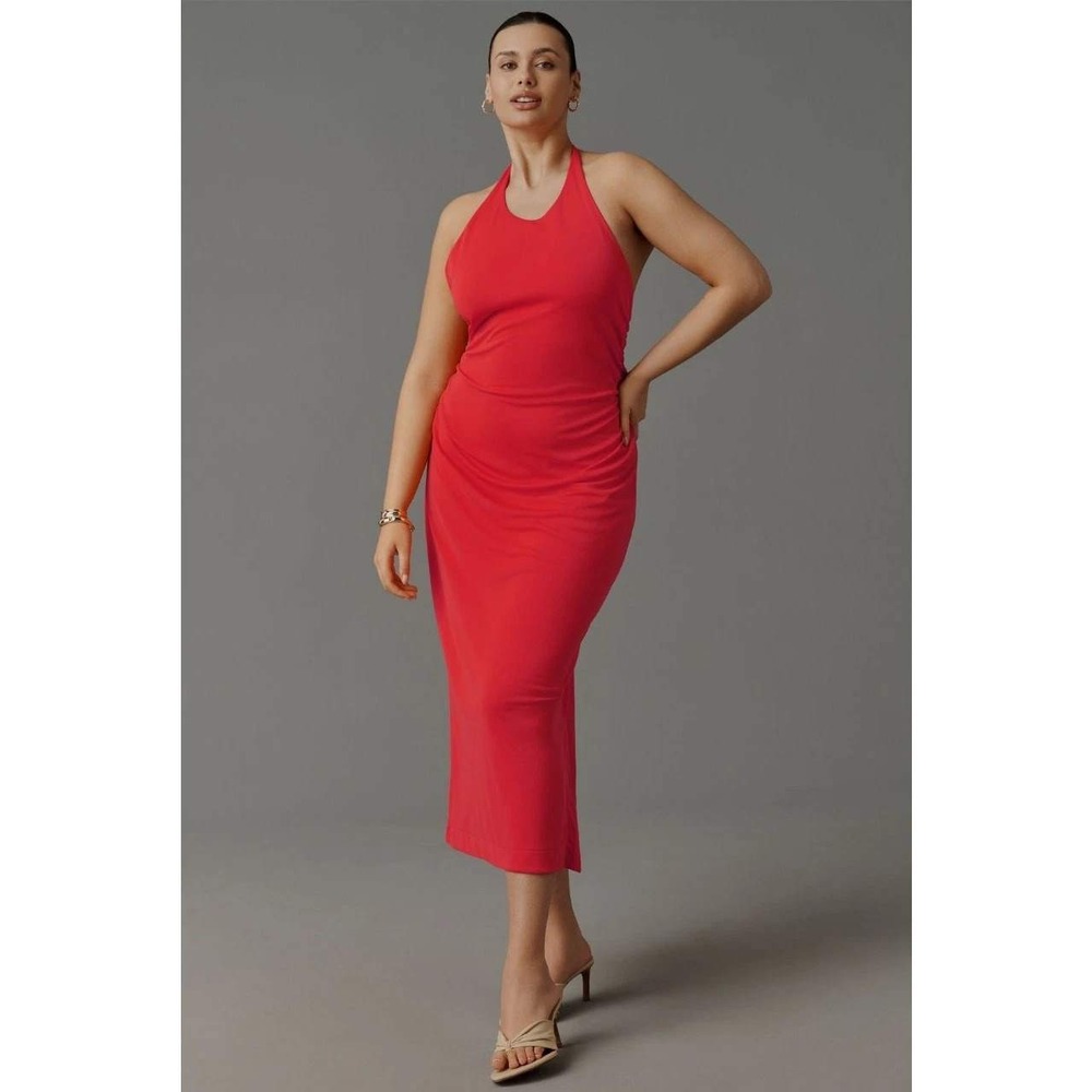 Anthropologie Slinky Knit Halter Midi Dress NWT Orange Red Cherry Tomato XL Flaw
